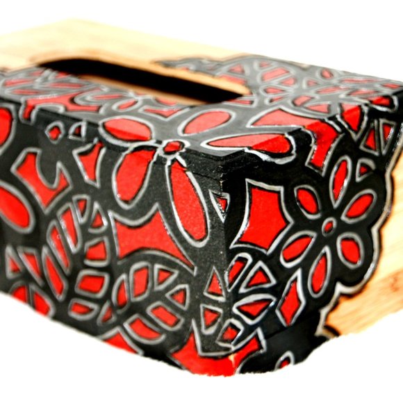 Red & Black Wood Burned Flower Kleenex Box - Picture 2 of 2